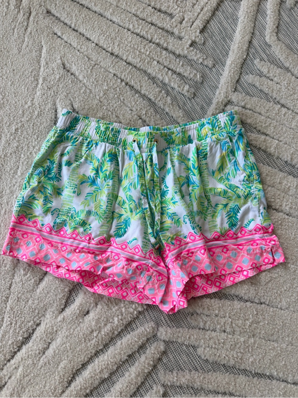 Lilly Pulitzer Green Leaf Print Shorts with Pink Trim